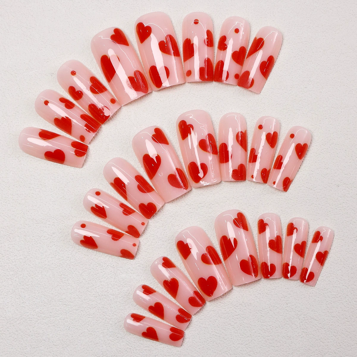 Valentine’s Day Long Coffin Press-On Nails | Minimal Heart Design | Romantic Color Series | Reusable False Nails