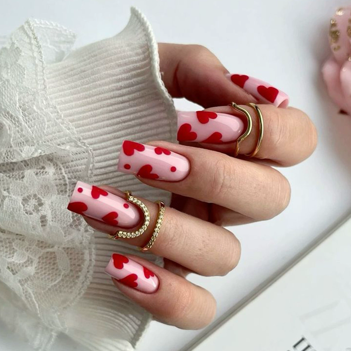 Valentine’s Day Long Coffin Press-On Nails | Minimal Heart Design | Romantic Color Series | Reusable False Nails