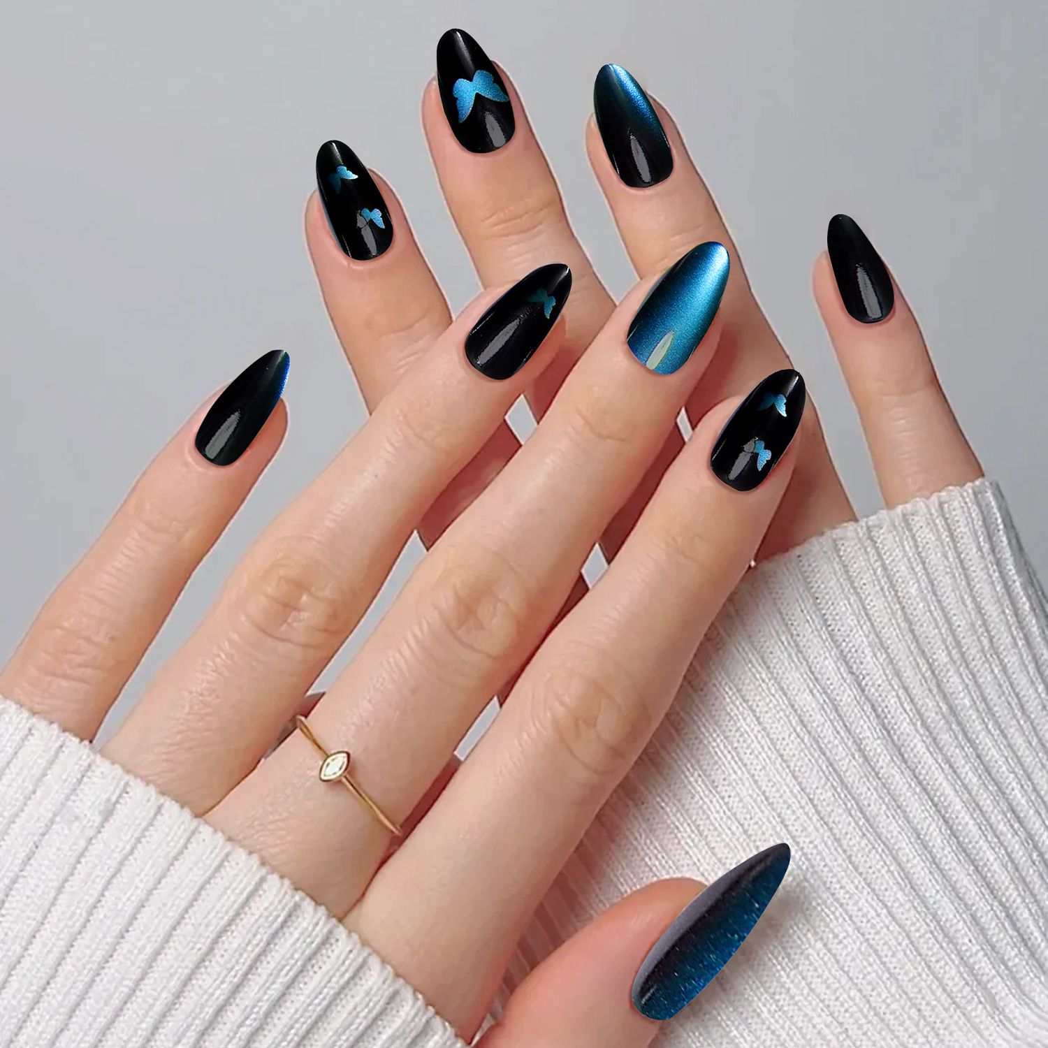 Cat Eye Press-On Nails – Long Almond Shape, High-Shine Magnetic Effect