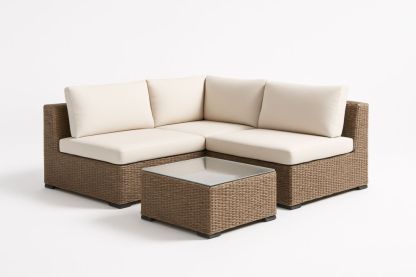 Set Divano Angolare da Giardino in Rattan con Cuscini Beige e Tavolino in Vetro