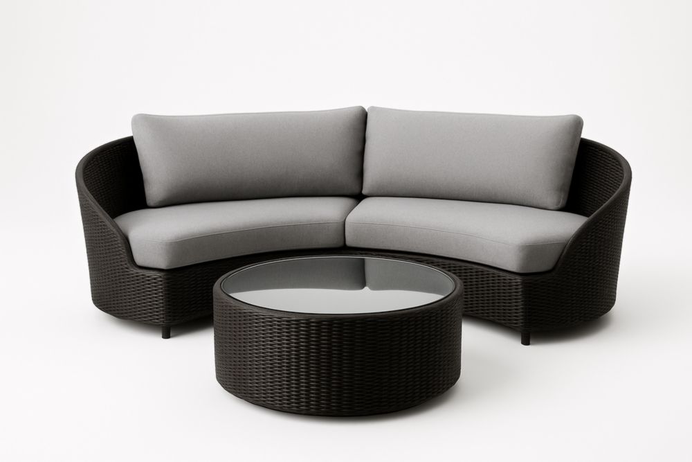 Set Divano Angolare e Tavolino Rotondo Rattan Sintetico Cuscini Grigi