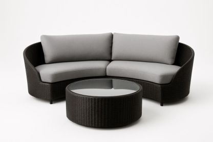 Set Divano Angolare e Tavolino Rotondo Rattan Sintetico Cuscini Grigi