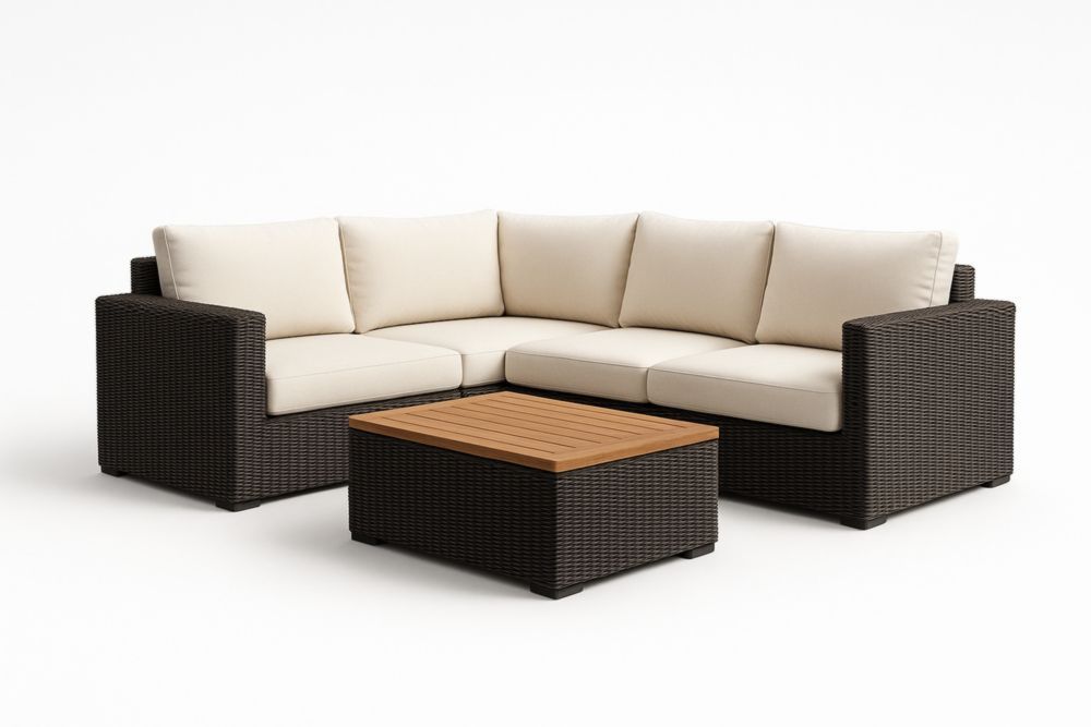 Divano Angolare da Esterno in Rattan Sintetico con Tavolino in Legno e Cuscini Beige