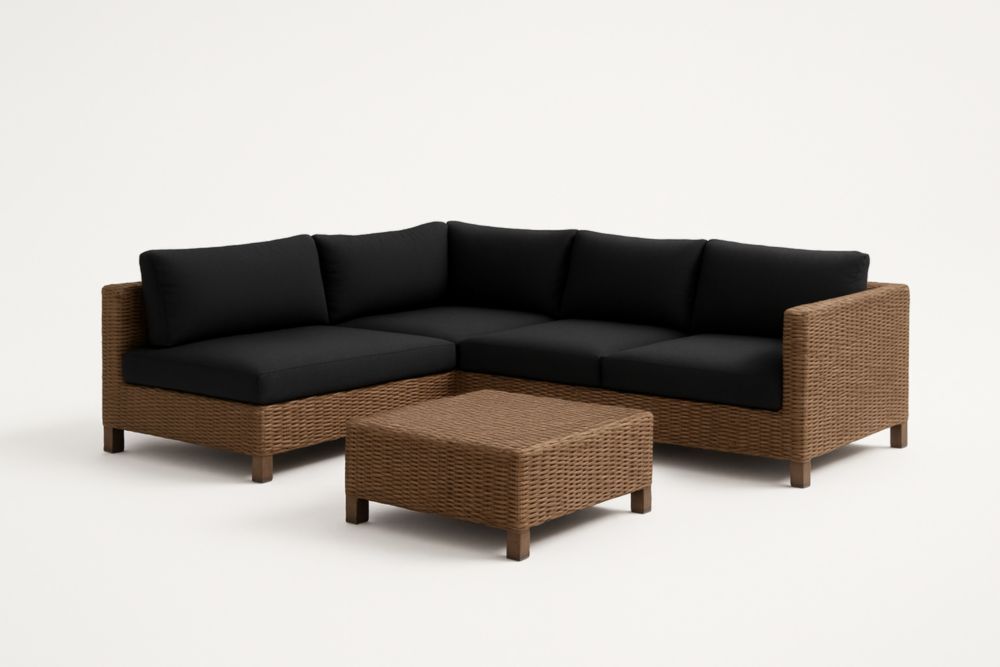 Divano angolare modulare in rattan sintetico con cuscini neri