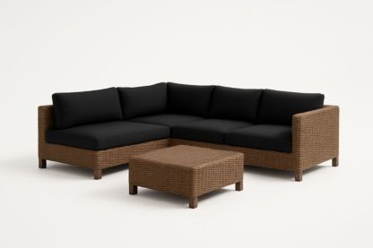 Divano angolare modulare in rattan sintetico con cuscini neri