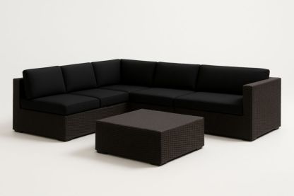 Divano angolare in rattan sintetico e poliestere con tavolino Nero
