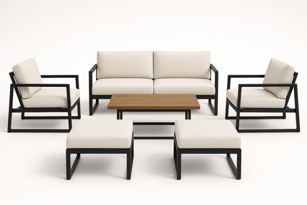 Set salotto da esterno in alluminio con cuscini beige