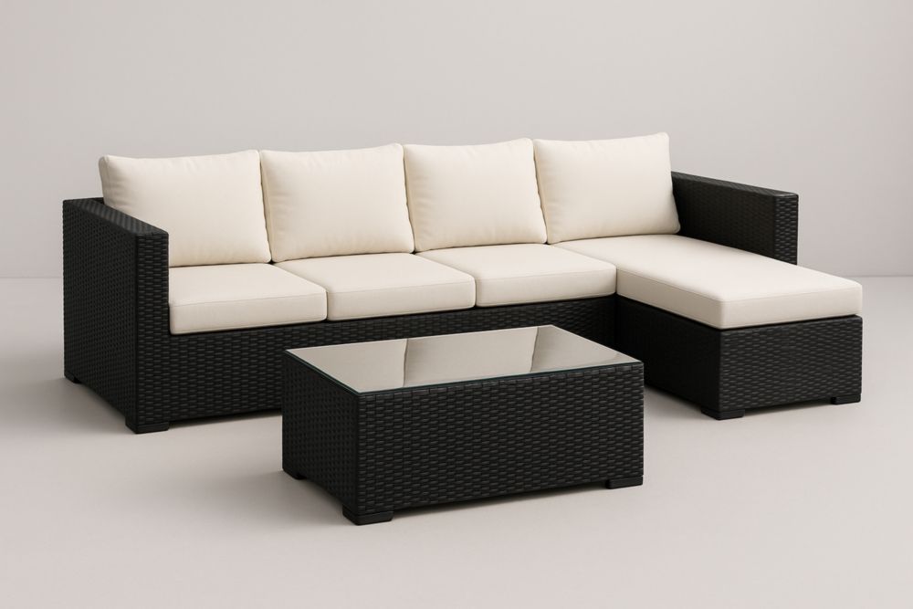 Divano Angolare Modulare da Esterno in Rattan Sintetico Nero con Tavolino in Vetro Temperato Trasparente