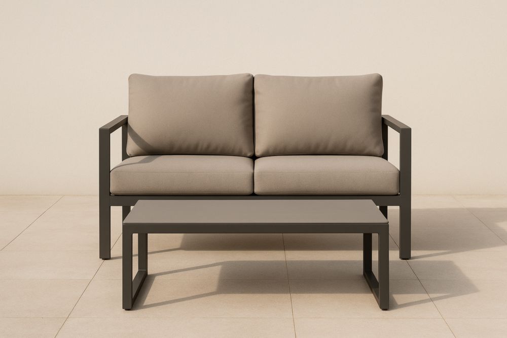 Divano da Giardino 2 posti con tavolino in alluminio e cuscini in poliestere beige