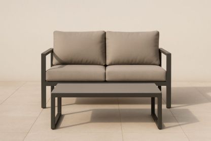 Divano da Giardino 2 posti con tavolino in alluminio e cuscini in poliestere beige