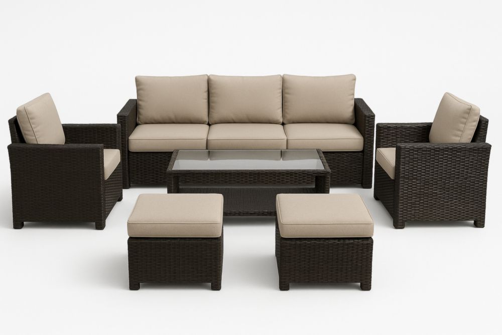 Set Divano Esterno in Rattan Sintetico Marrone e Vetro con Cuscini in Poliestere Beige