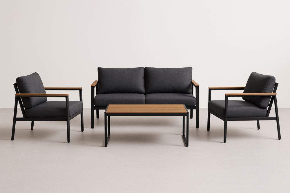 Set divano e poltrone in acciaio con braccioli in legno massello e cuscini in poliestere