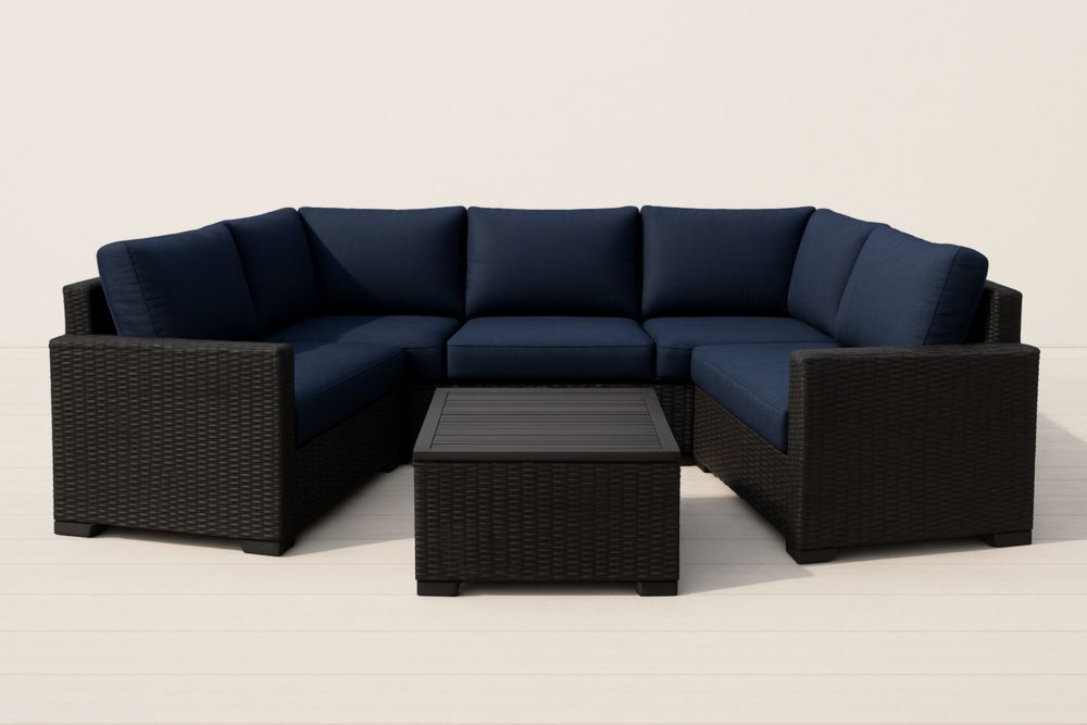 Divano angolare da giardino in rattan sintetico con cuscini in poliestere blu/nero