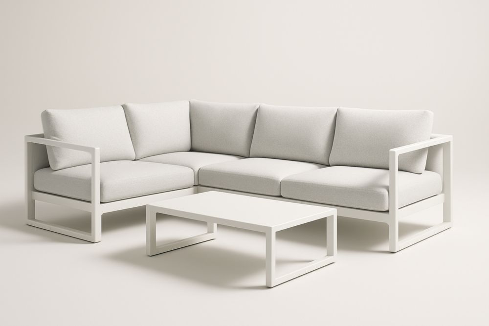 Set da giardino divano angolare e tavolo con tessuto in poliestere e struttura in alluminio bianco