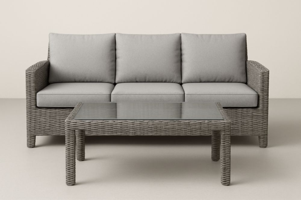 Set da giardino divano a 3 posti con tavolino rettangolare in vimini grigio e cuscini in poliestere