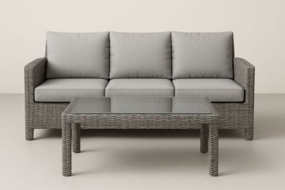 Set da giardino divano a 3 posti con tavolino rettangolare in vimini grigio e cuscini in poliestere
