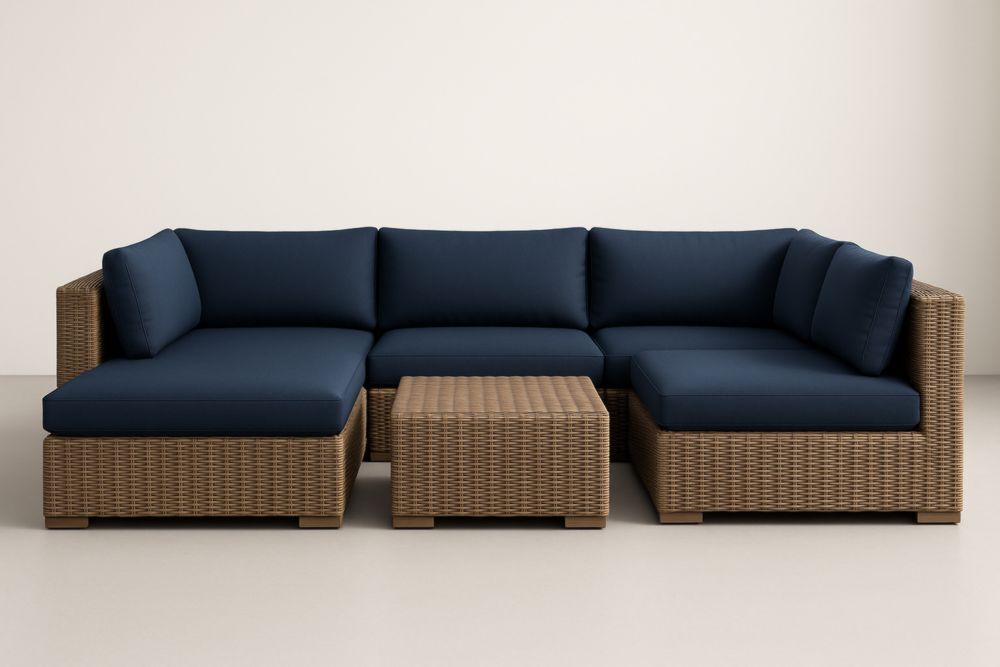 Set divano modulare angolare in rattan con cuscini blu per esterni
