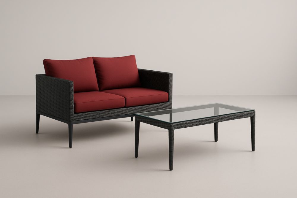Set Divano 2 Posti Rattan con Cuscini Rossi e Tavolino in Vetro