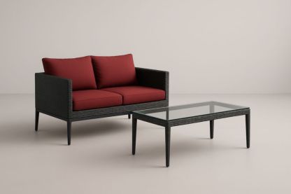 Set Divano 2 Posti Rattan con Cuscini Rossi e Tavolino in Vetro