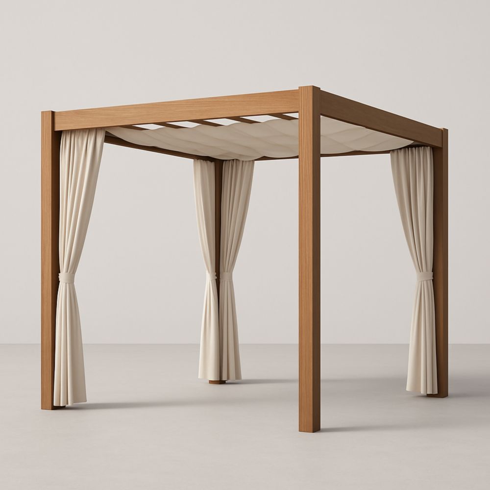 Gazebo in Legno con Tende in Poliestere Beige