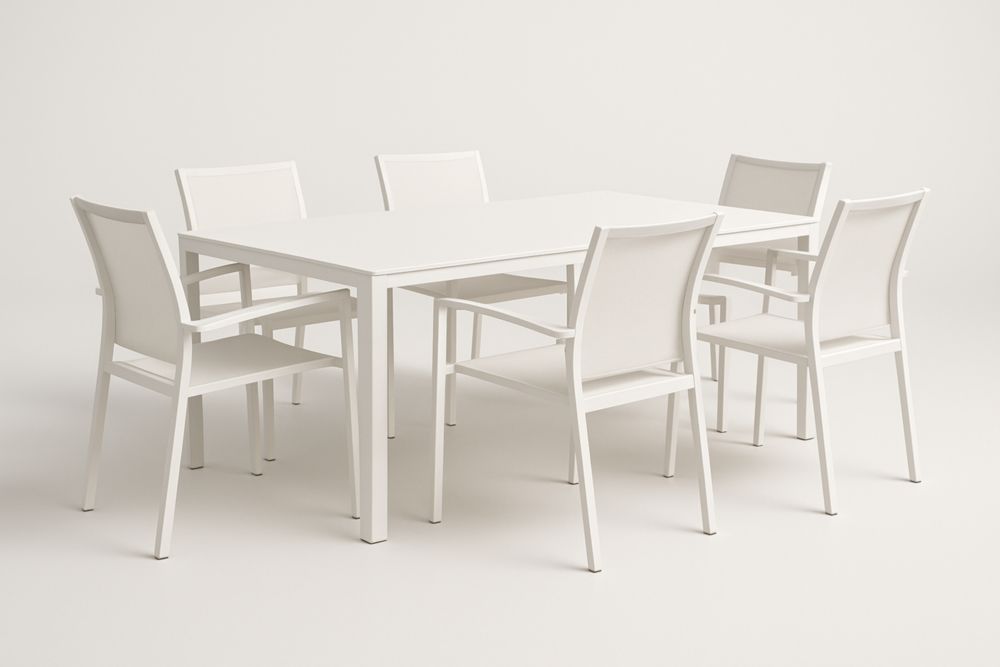 Set tavolo da pranzo da giardino con tavolo rettangolare e 6 sedie in acciaio bianco