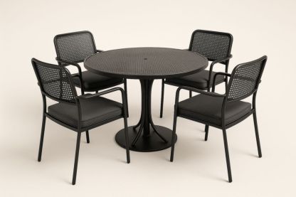 Set tavolo da pranzo da giardino in acciaio nero con tavolo rotondo e 4 sedie