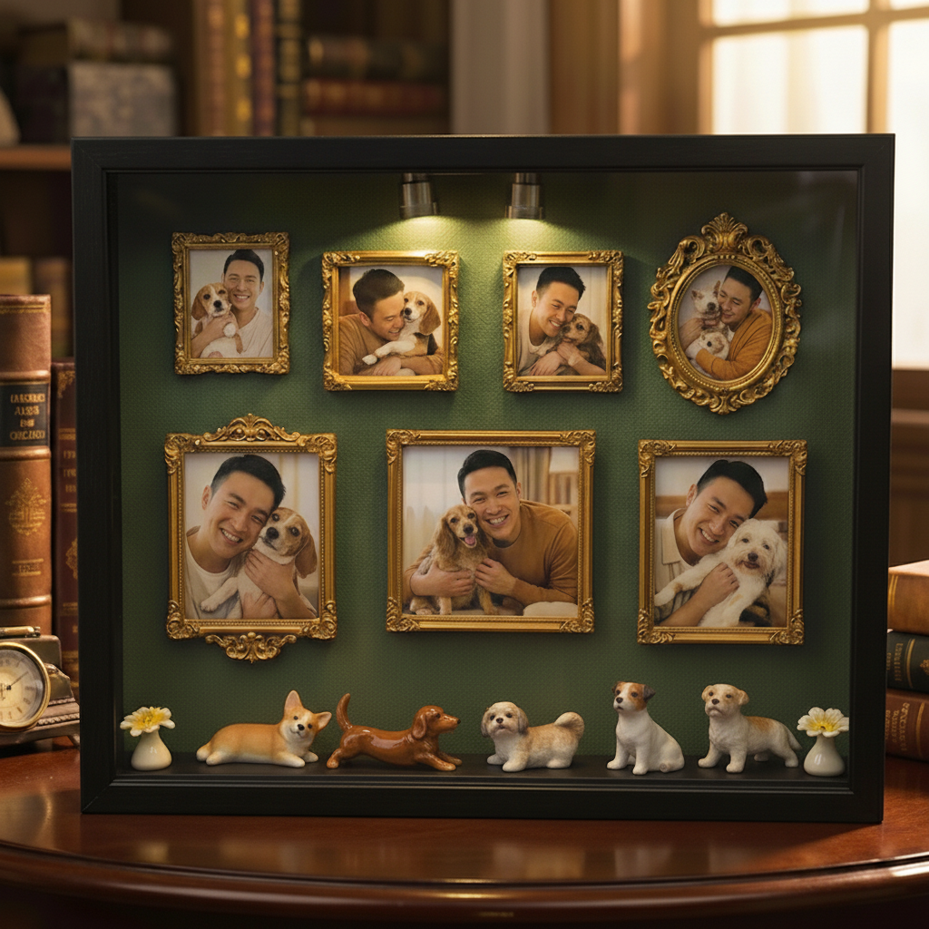 Mini Museum Silhouette Box Celebrate Your Unique Memories Custom Photo Display Frame Set with Miniature Pet Figurines Gifts for pet lovers - MuseumofUsFrame
