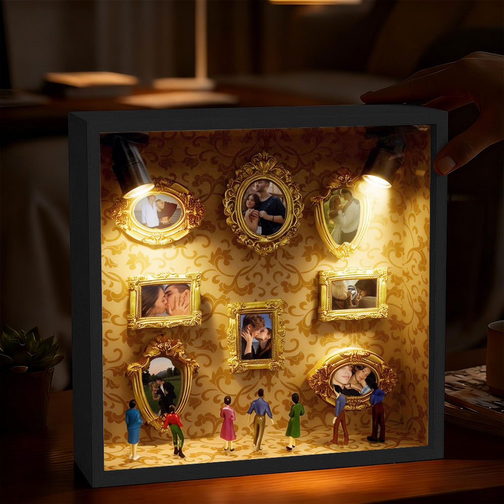Custom Mini Museum Shadow Box with LED Lights, Wooden Frame Memory Display for Photos & Keepsakes