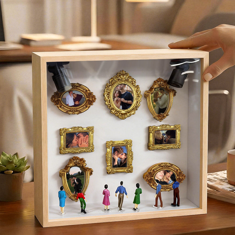 Custom Mini Museum Shadow Box with LED Lights, Wooden Frame Memory Display for Photos & Keepsakes