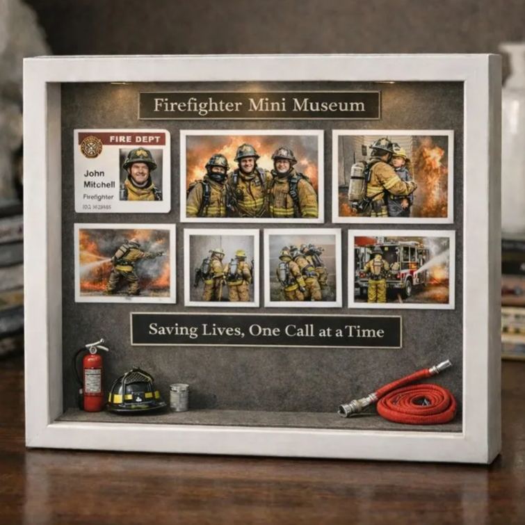 Museum of Us Frame Personalized Firefighter Themed Couples Gift, Custom Miniature Museum Decor, Meaningful Gift for Firefighter Her/Him, Heroic Love Keepsake for First Responders