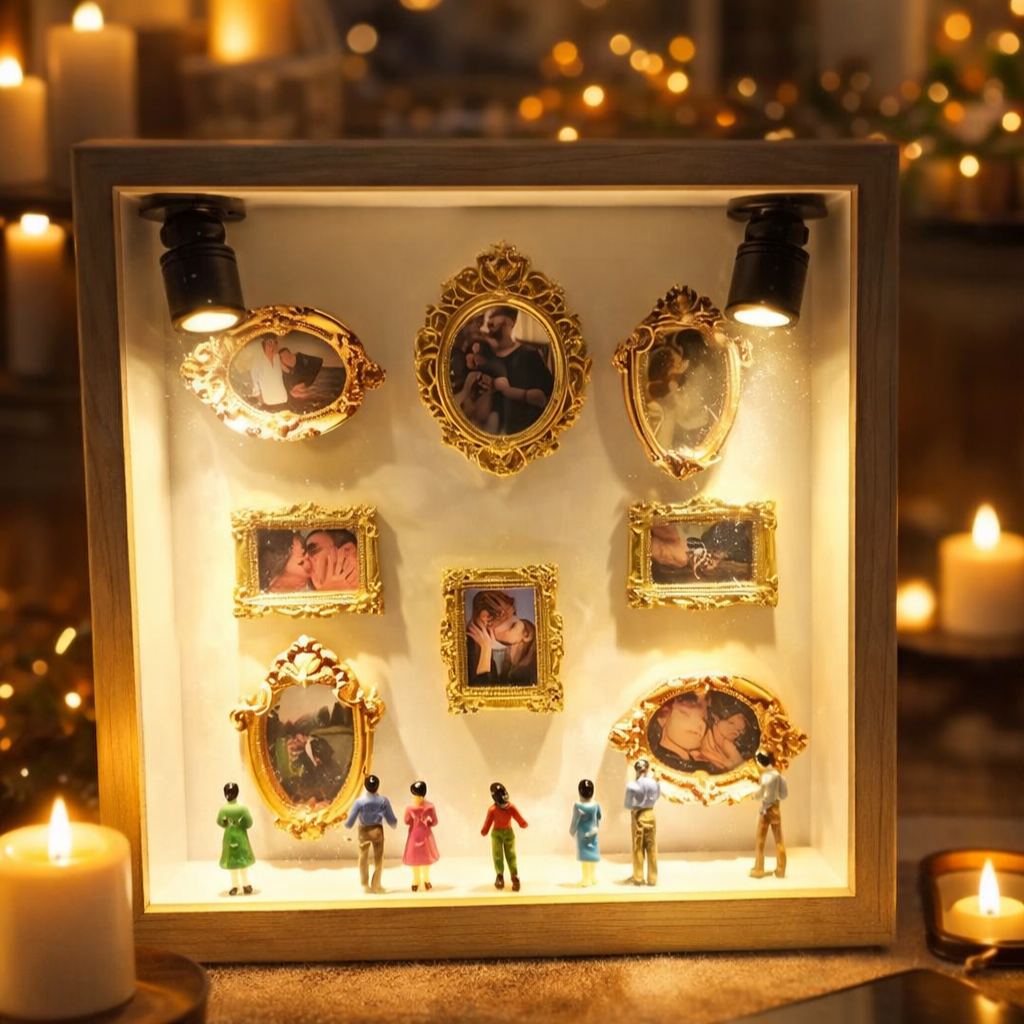 Custom Mini Museum Photo Frame with Lights, Personalized Shadow Box Display for Family, Couple & Pets, Meaningful Home Keepsake Gift