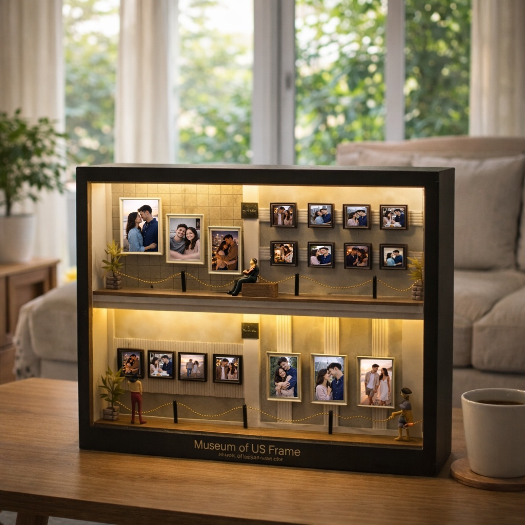 Personalized Mini Memory Museum Frame with LED Light – Custom Couple Photo Shadow Box – Romantic Anniversary Gift for Her or Him