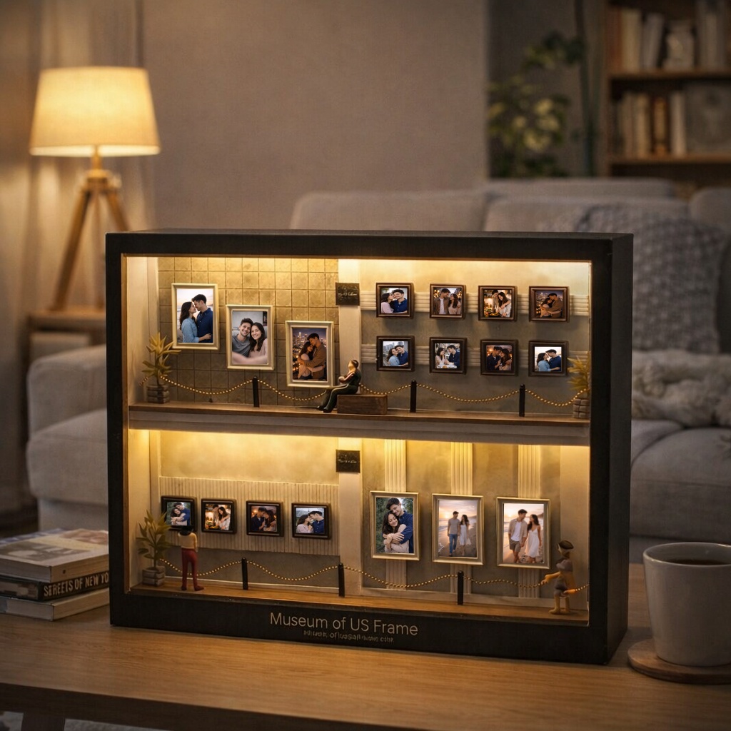 Personalized Mini Memory Museum Frame with LED Light – Custom Couple Photo Shadow Box – Romantic Anniversary Gift for Her or Him