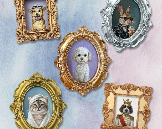 Hand-Painted Mini Pet Portrait: Gold Baroque Frame Fridge Magnets, Custom Acrylic Painting- Custom Museum of us Frame