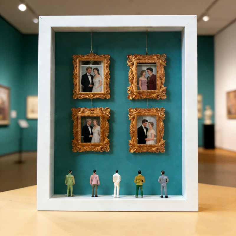 Personalized Multi-Photo Collage Frame - Mini Museum Style Couple/Family Portrait Decor with Tiny Figurines- Custom Museum of us Frame