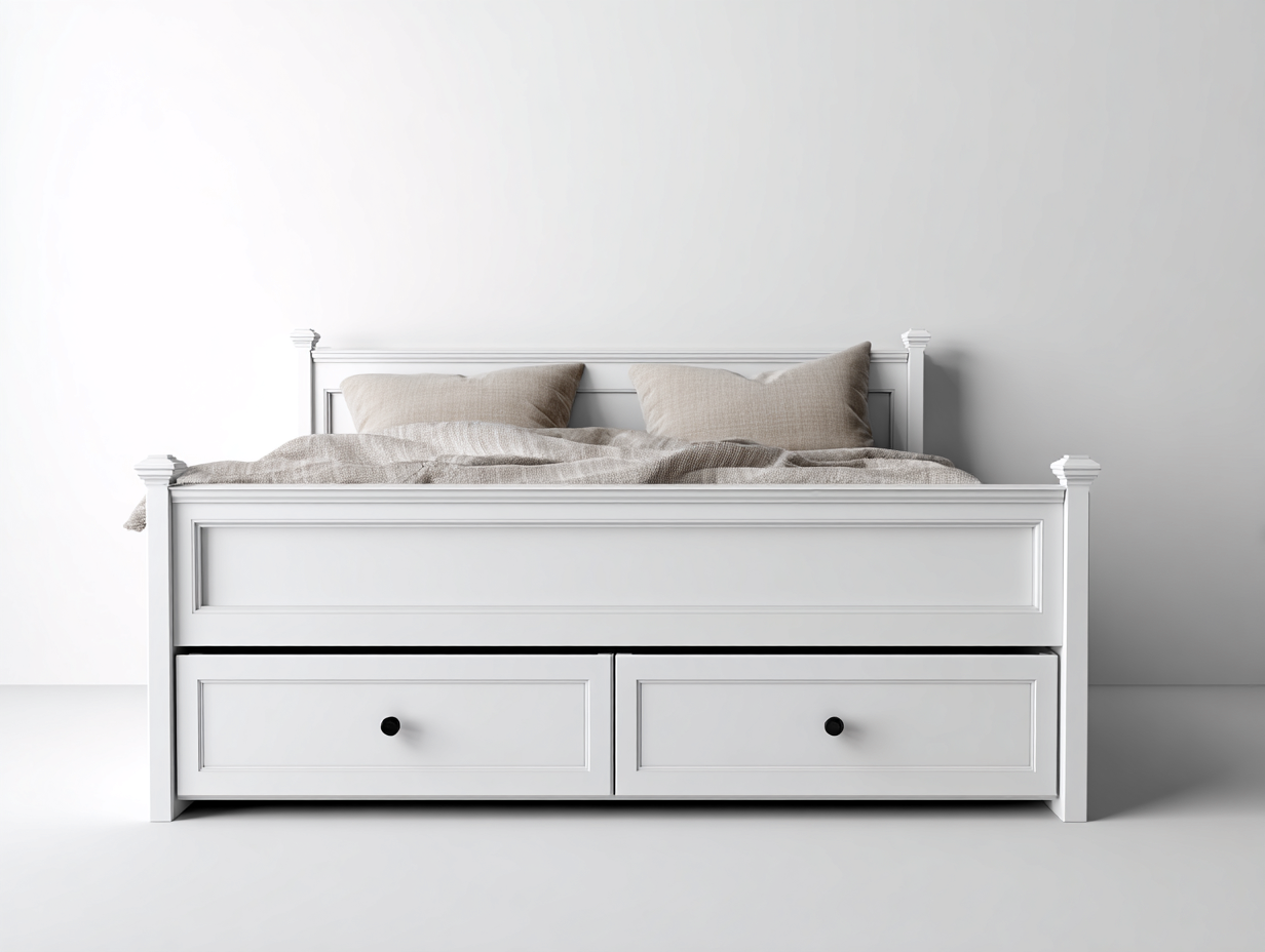 Queen Bed Solid Wood Storage 84x63x50 inches - White - Classic Design-Cottamyshop