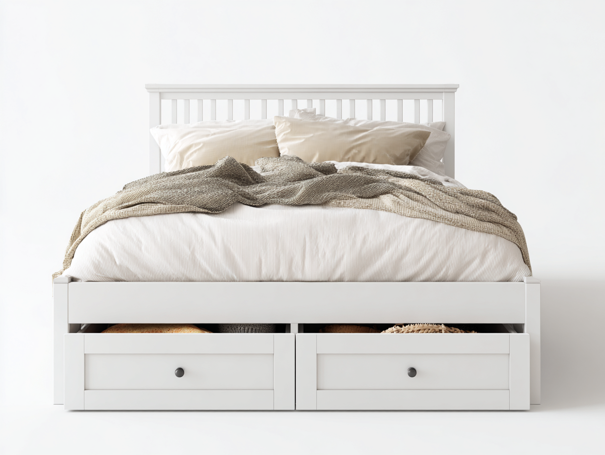 Queen Bed - Solid Wood Storage 88x65x44 inches - White - Modern Storage Design-Cottamyshop