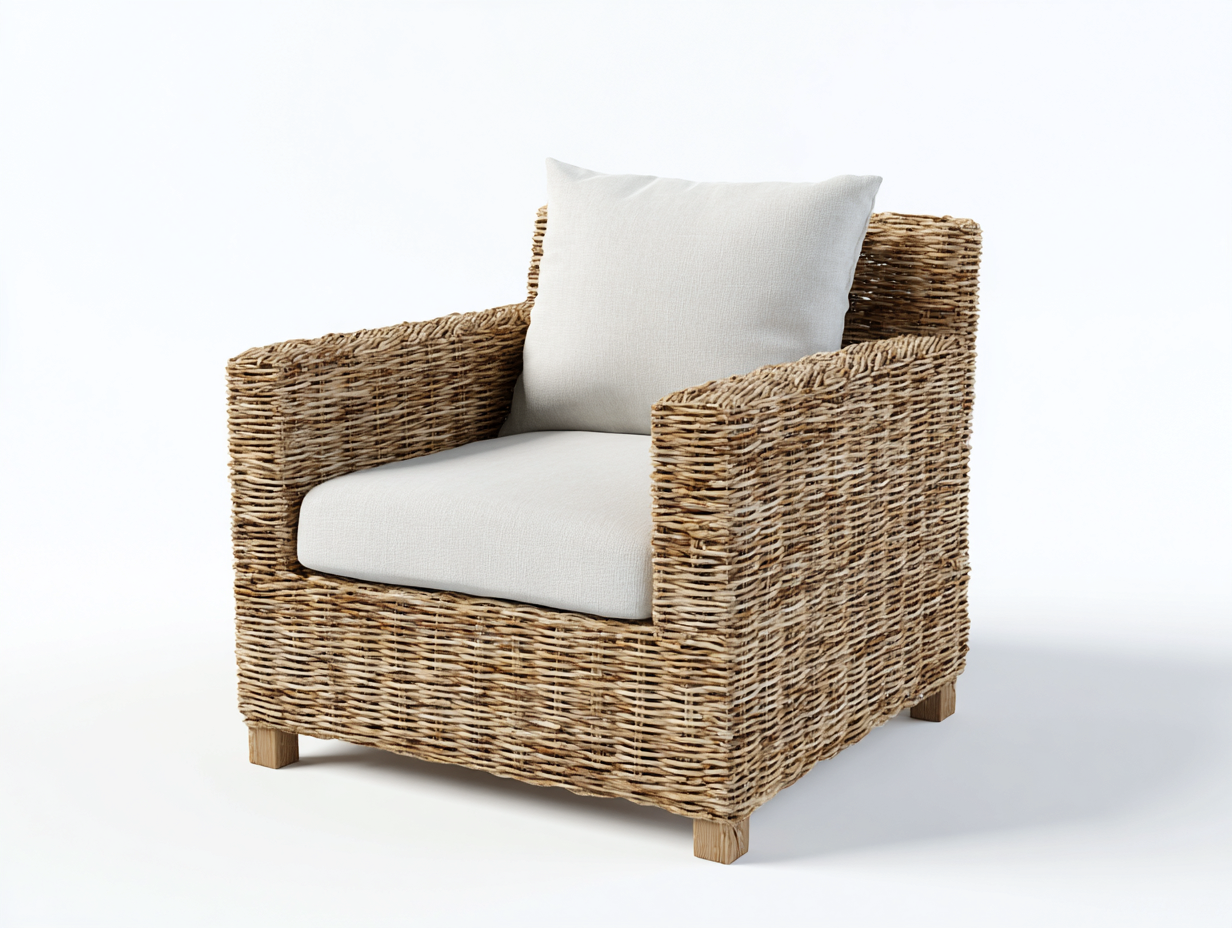 Rattan Chair handwoven natural rattan frame 30x28x32 inches light brown white living room use - relaxed coastal design-Cottamyshop