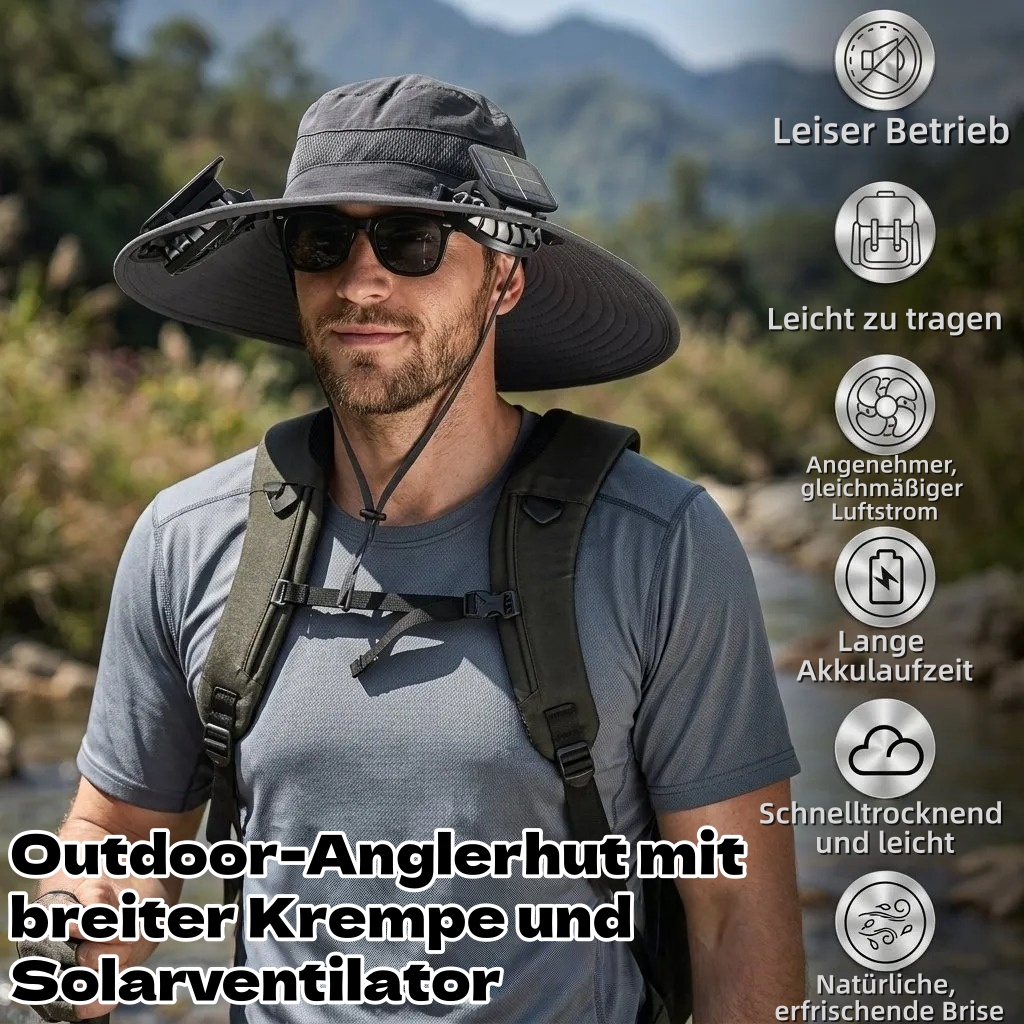 🔥 Solar-Angelhut mit breiter Krempe und Ventilator – Solar- und USB-Ladefunktion