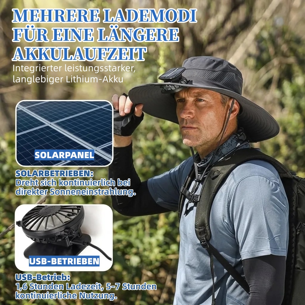 🔥 Solar-Angelhut mit breiter Krempe und Ventilator – Solar- und USB-Ladefunktion