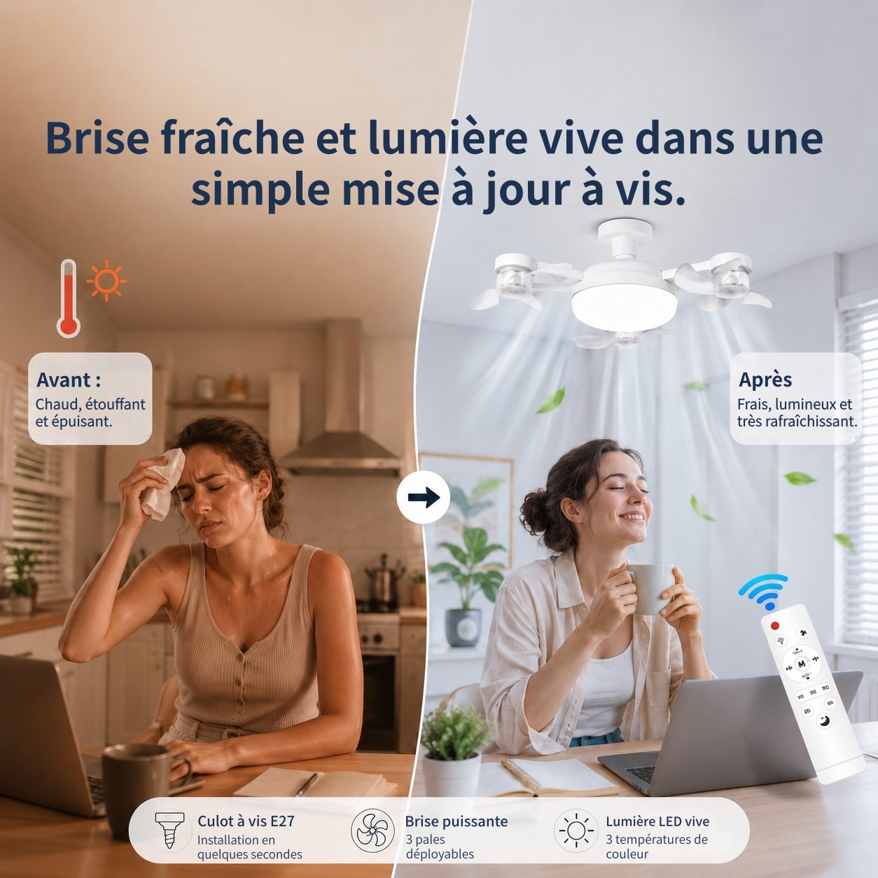🔥 Dernier jour : 49 % de réduction ! 💥 Ventilateur de plafond intelligent Drone à visser avec lumière LED et télécommande