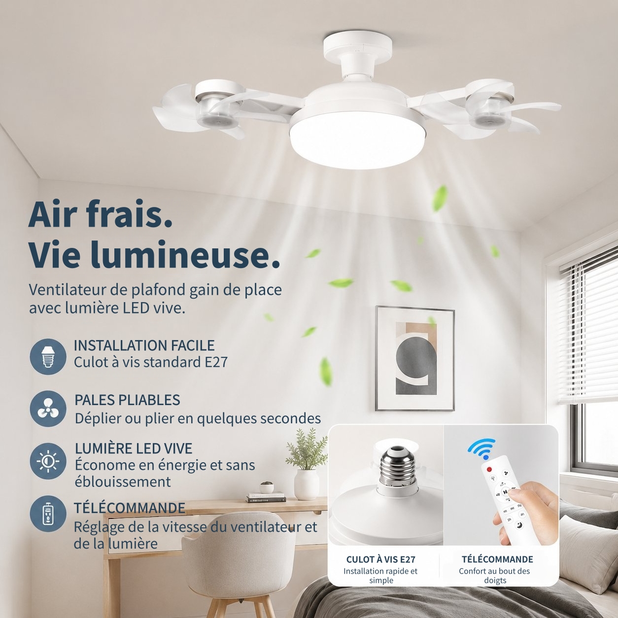 🔥 Dernier jour : 49 % de réduction ! 💥 Ventilateur de plafond intelligent Drone à visser avec lumière LED et télécommande