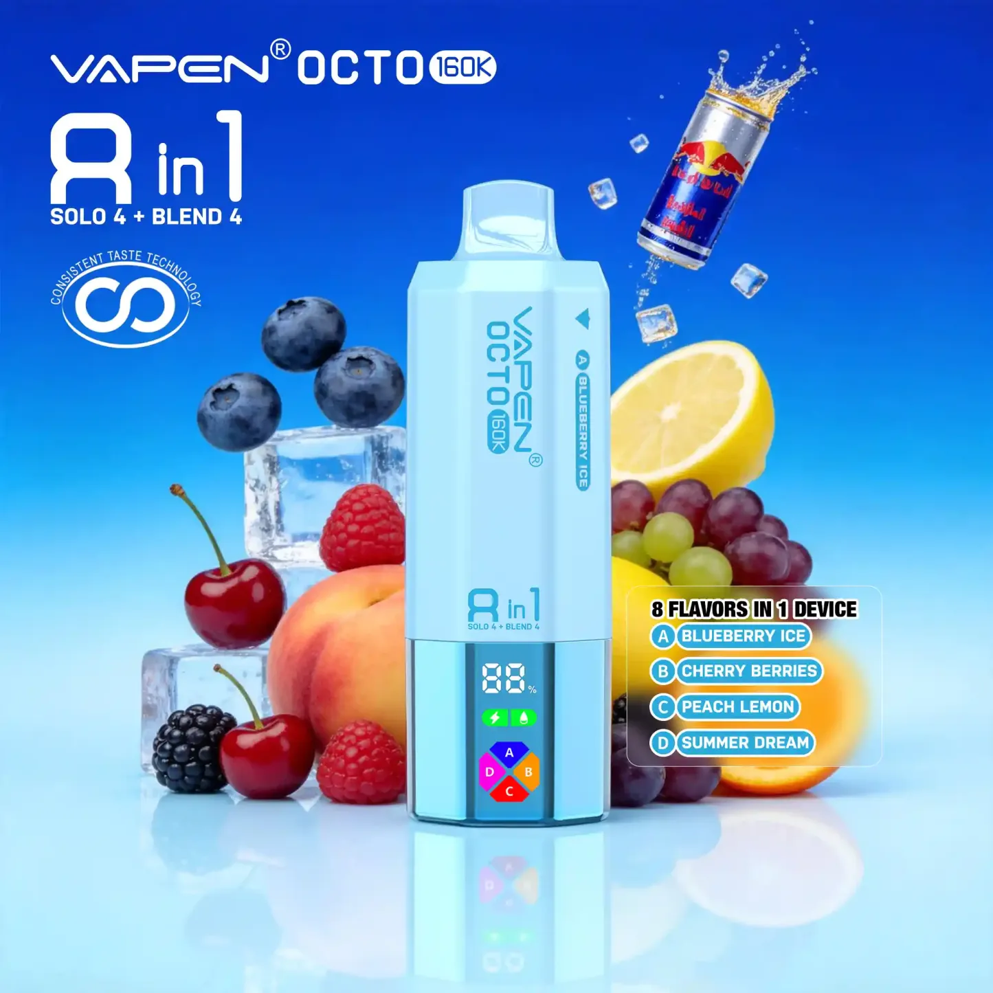 VAPEN OCTO 160000 Puffs - Jagodowy Lód + Wiśniowe Jagody + Brzoskwinia Cytryna + Letni sen