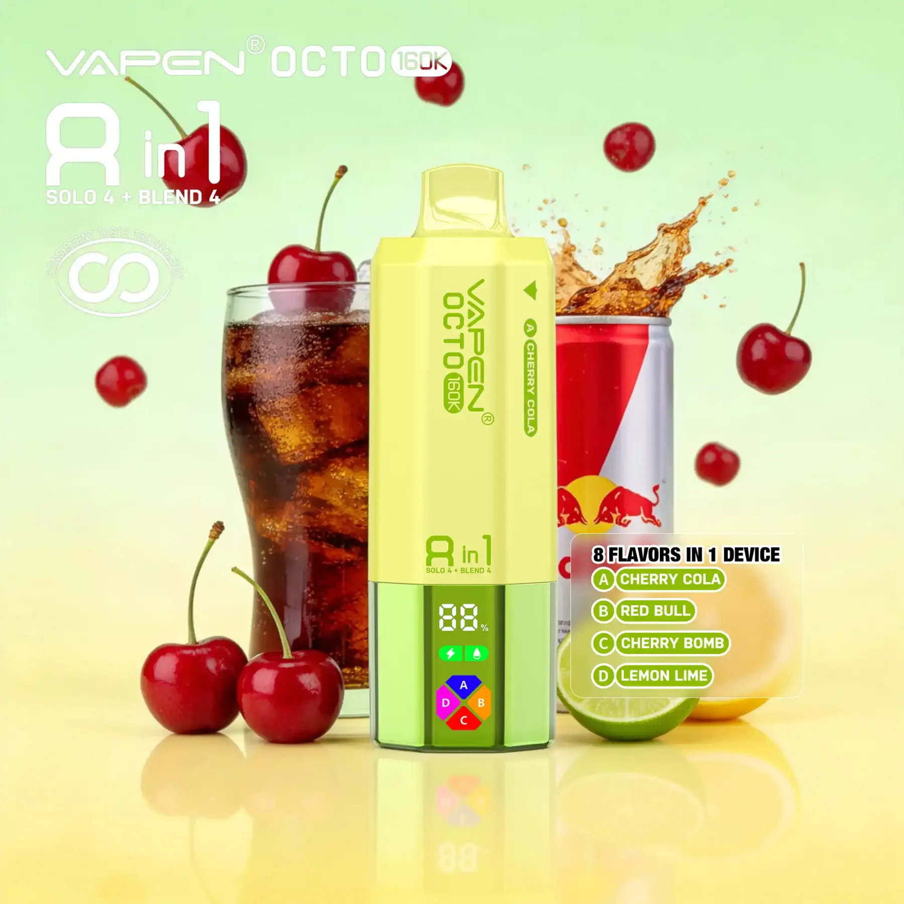VAPEN OCTO 160000 Puffs - Cherry Cola + Red Bull + Wiśniowa Bomba + Cytryna Limonka