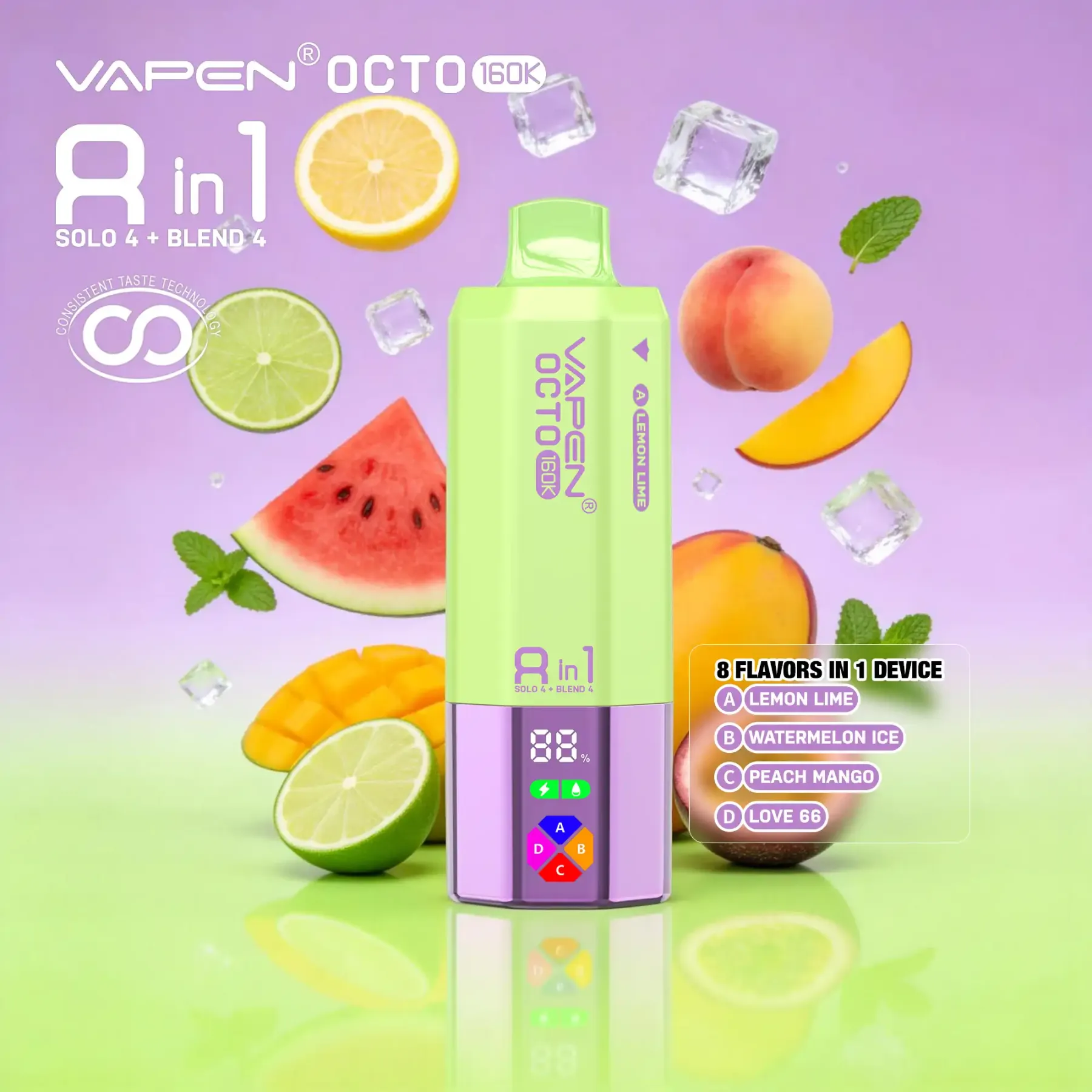 VAPEN OCTO 160000 Puffs - Cytryna Limonka + Arbuzowy Lód + Brzoskwinia Mango + Love 66