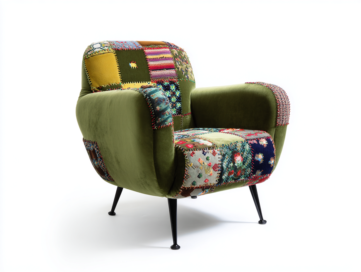 Armchair upholstered fabric patchwork design 30x31x35 inches green living room use - artistic lounge style-Homimynest