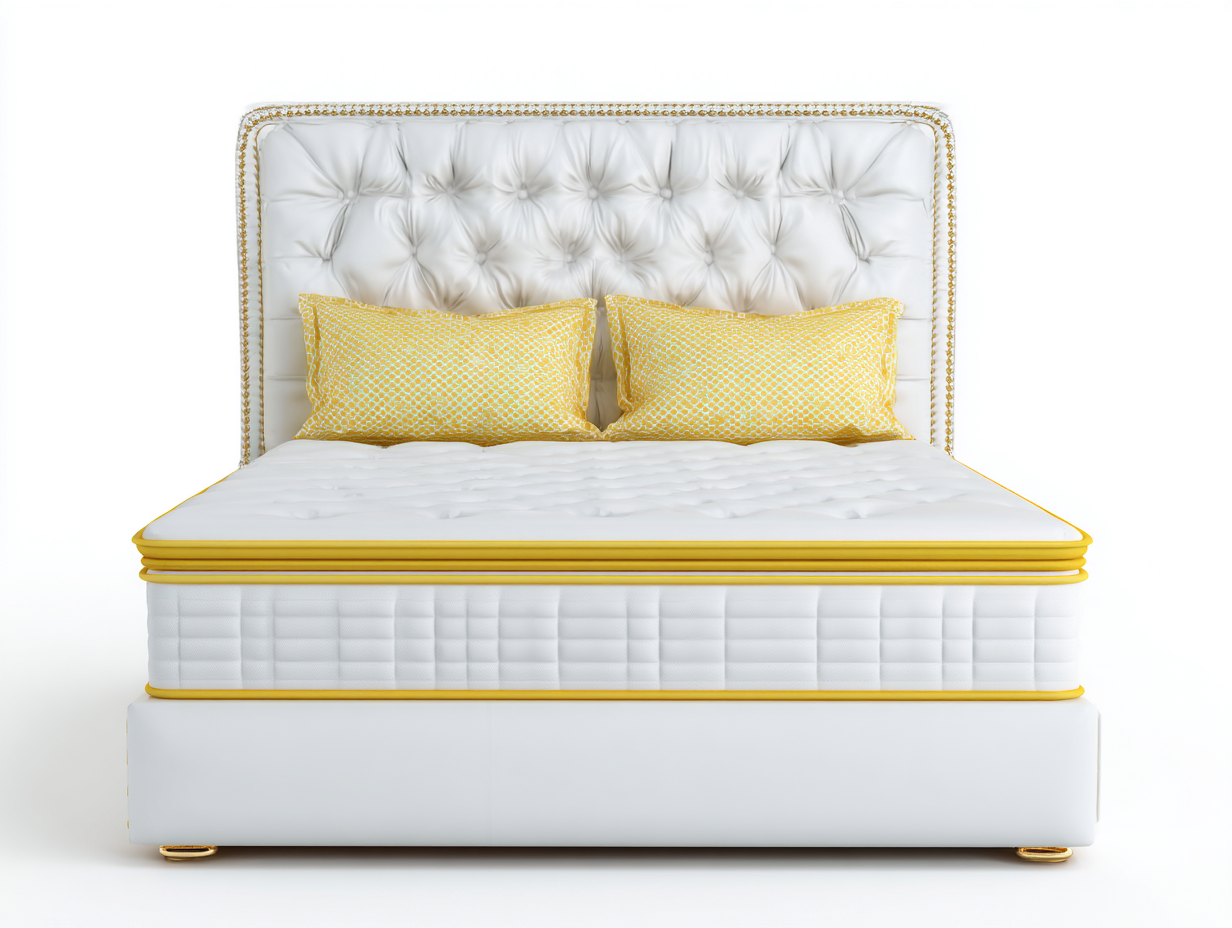 Queen Bed - Upholstered Platform 84x63x50 inches - White-Yellow - Luxury Tufted Design-Homimynest