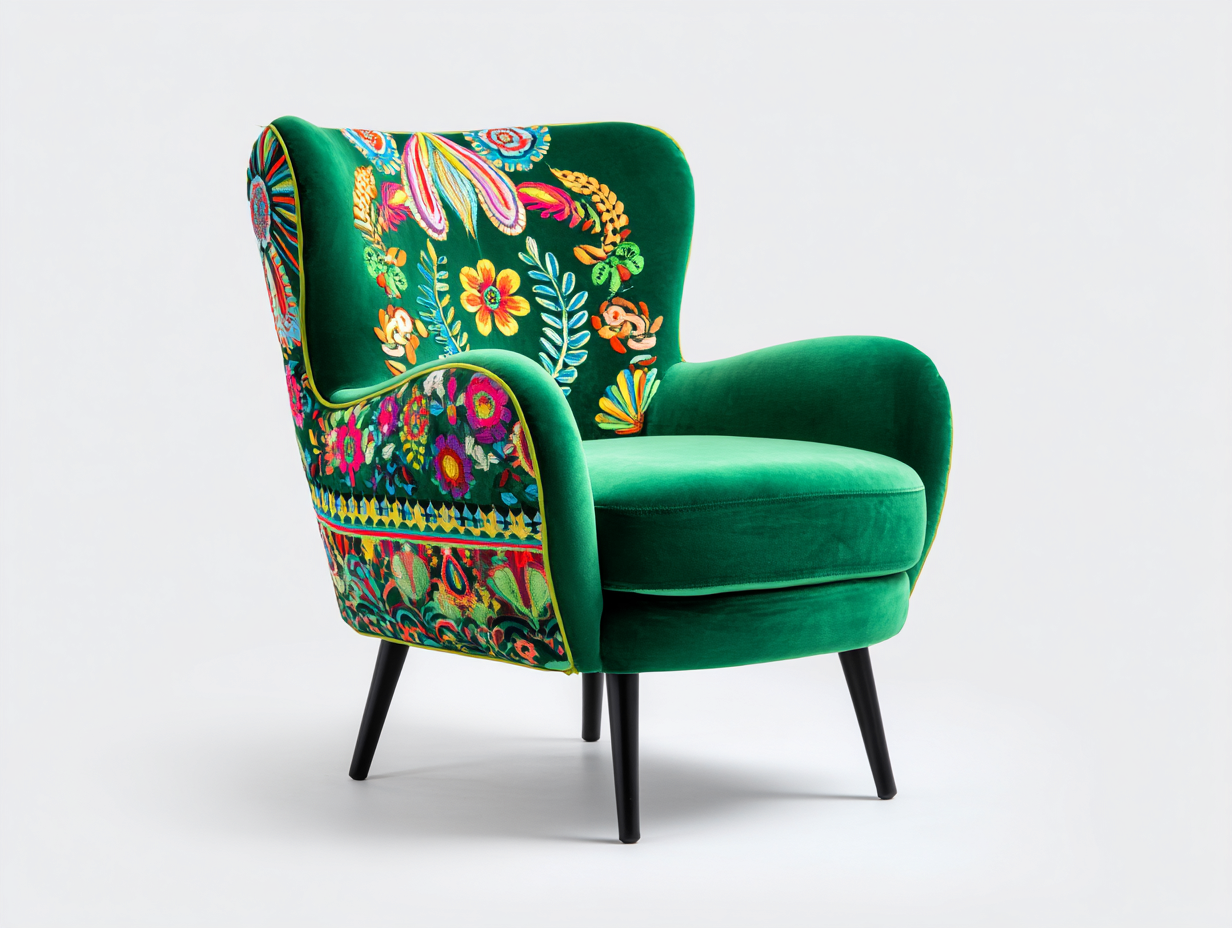 Armchair upholstered fabric embroidered design 31x32x36 inches green living room use - artistic accent style-Homimynest