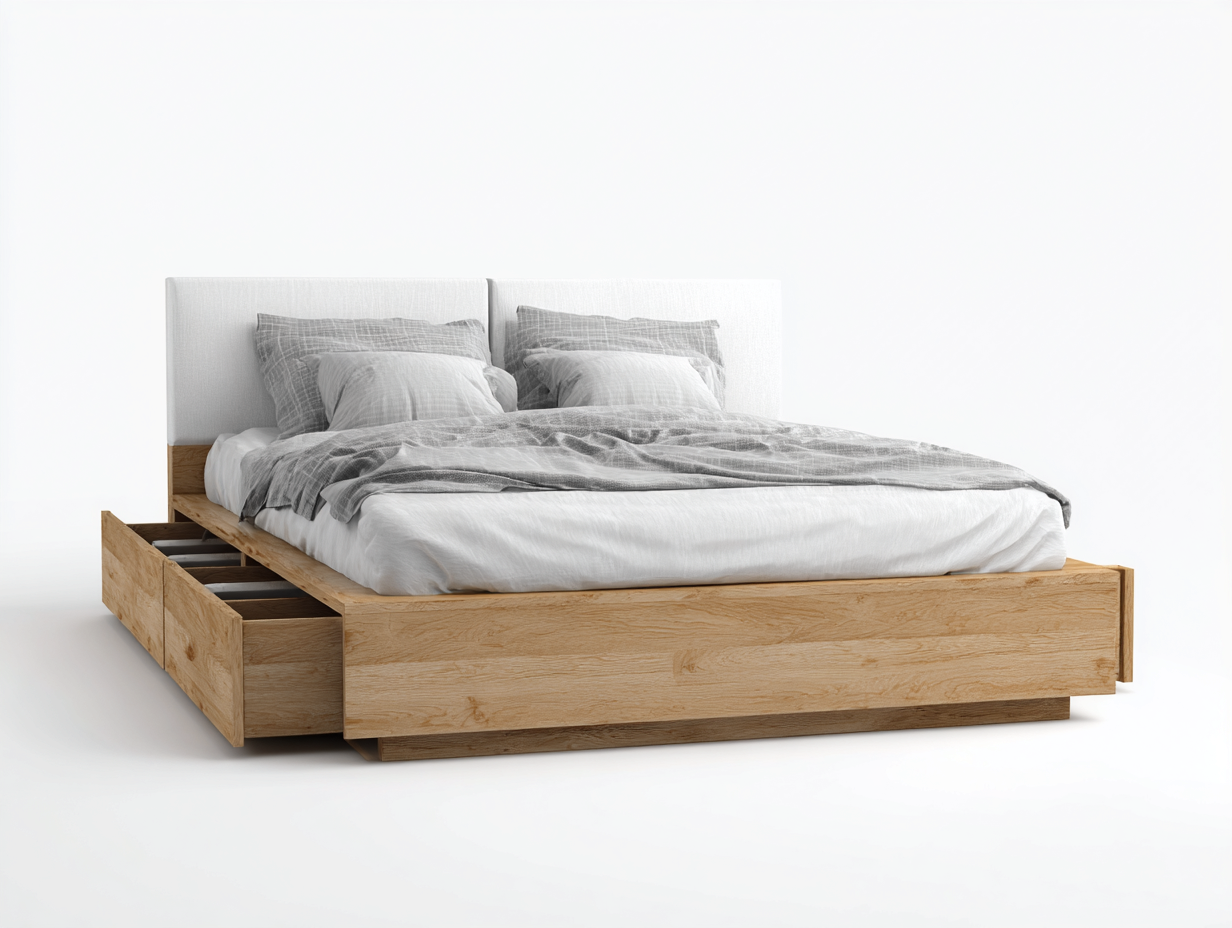 Queen Bed Solid Wood Storage 84x63x40 inches - Brown - Modern Design-Homimynest