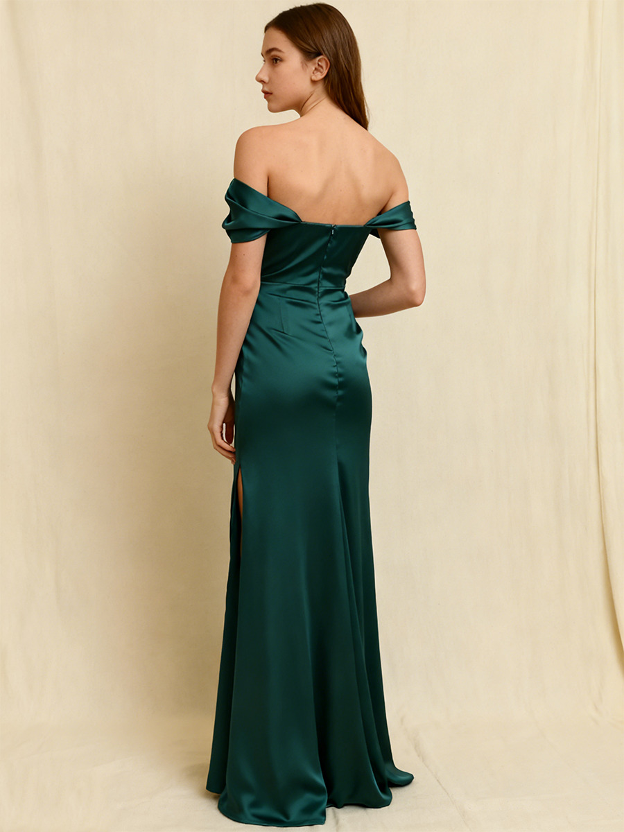 Mermaid Off Shoulder Satin Floor-Length Draped High Side Slit Formal Evening Gown